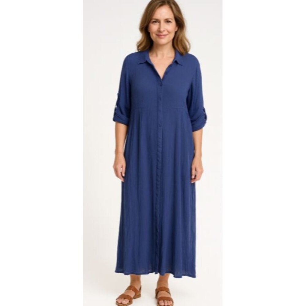 Woman Within Size 14W Blue Button-Front Maxi Dress Roll-Tab Sleeves
